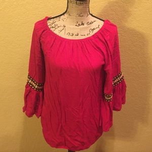 Long bell sleeve, red boho, off shoulder top, size L, EUC | offer in description